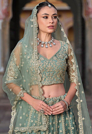 Embroidered Net Lehenga in Dusty Green