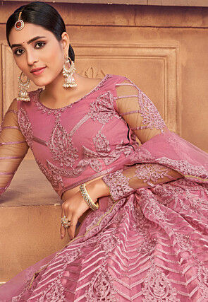 Embroidered Net Lehenga in Dusty Pink
