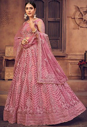 Embroidered Net Lehenga in Dusty Pink