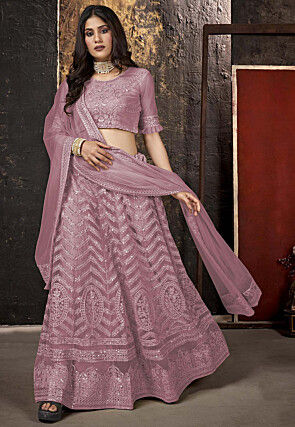 Embroidered Net Lehenga in Dusty Pink