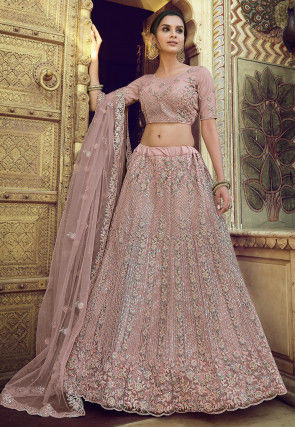 Embroidered Net Lehenga in Dusty Pink