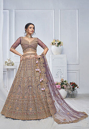 Embroidered Net Lehenga in Dusty Purple
