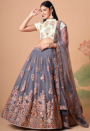 Embroidered Net Lehenga in Dusty Purple