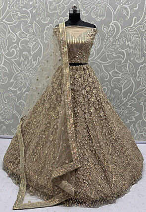 Embroidered Net Lehenga in Fawn