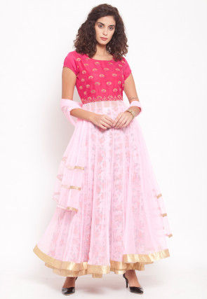 Embroidered Net Lehenga in Fuchsia and Baby Pink