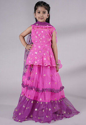 Embroidered Net Lehenga in Fuchsia and Purple