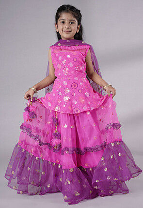 Embroidered Net Lehenga in Fuchsia and Purple