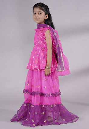 Embroidered Net Lehenga in Fuchsia and Purple