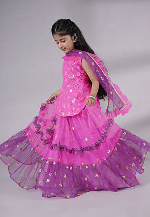 Embroidered Net Lehenga in Fuchsia and Purple