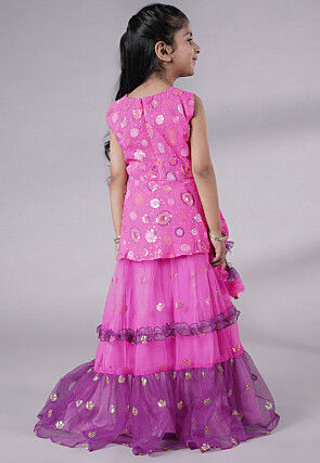 Embroidered Net Lehenga in Fuchsia and Purple