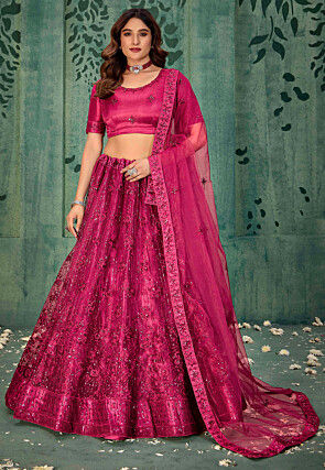Embroidered Net Lehenga in Fuchsia