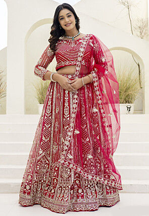 Embroidered Net Lehenga in Fuchsia