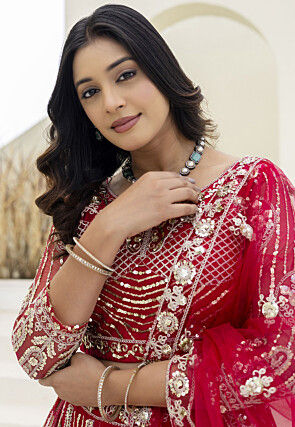 Embroidered Net Lehenga in Fuchsia