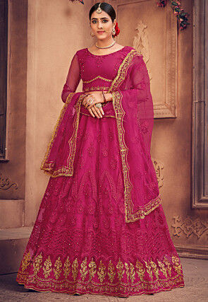 Embroidered Net Lehenga in Fuchsia
