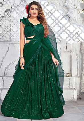 Embroidered Net Lehenga in Green