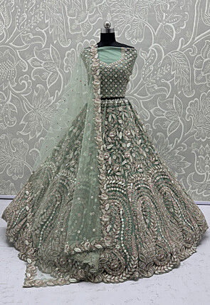 Embroidered Net Lehenga in Green