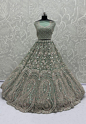 Embroidered Net Lehenga in Green