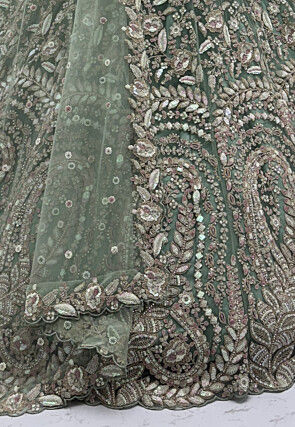 Embroidered Net Lehenga in Green