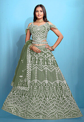Embroidered Net Lehenga in Green