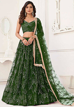 Embroidered Net Lehenga in Green