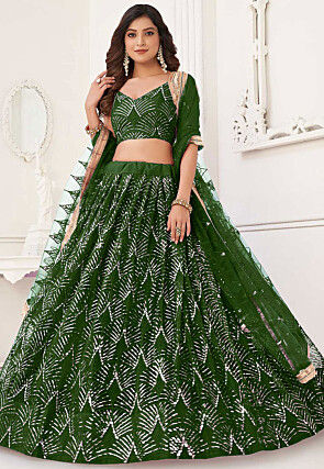 Embroidered Net Lehenga in Green