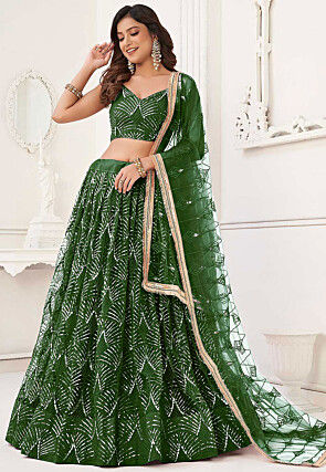 Embroidered Net Lehenga in Green