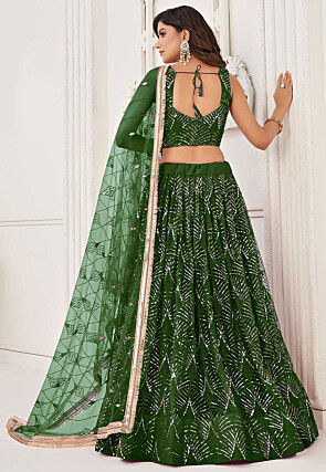Embroidered Net Lehenga in Green
