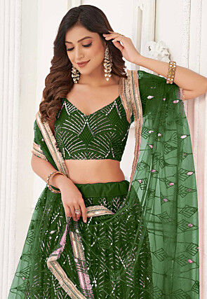 Embroidered Net Lehenga in Green