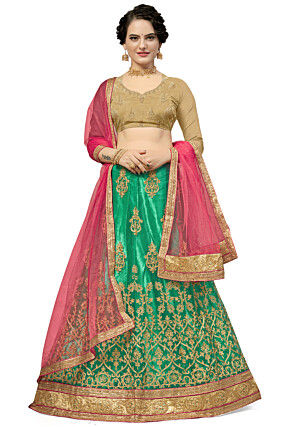 Rani Pink Floral Silk Lehenga With Contrasting Green Dupatta - Juhi  Bengani- Fabilicious Fashion
