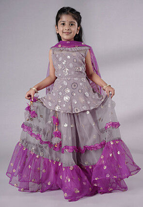Embroidered Net Lehenga in Grey and Purple