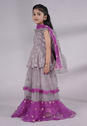 Embroidered Net Lehenga in Grey and Purple