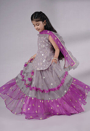 Embroidered Net Lehenga in Grey and Purple