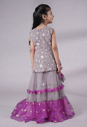 Embroidered Net Lehenga in Grey and Purple
