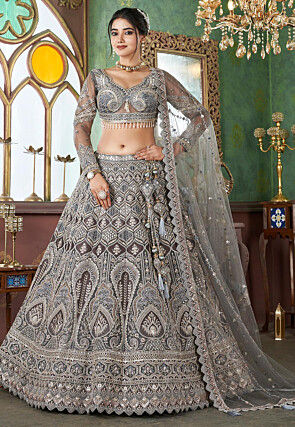 Embroidered Net Lehenga in Grey