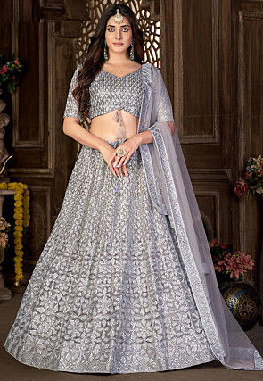 Embroidered Net Lehenga in Grey