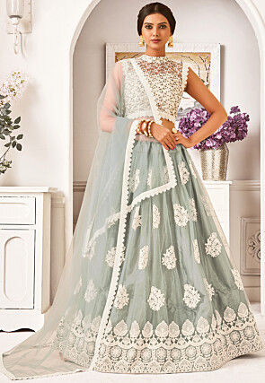 Embroidered Net Lehenga in Pastel Green
