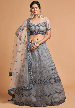Embroidered Net Lehenga in Grey