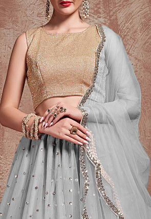 Embroidered Net Lehenga in Grey