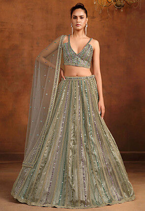 Embroidered Net Lehenga in Grey