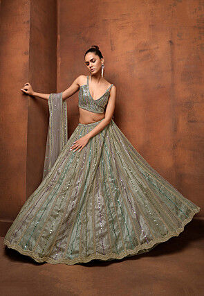 Embroidered Net Lehenga in Grey