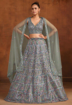 Embroidered Net Lehenga in Grey