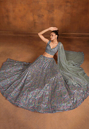 Embroidered Net Lehenga in Grey