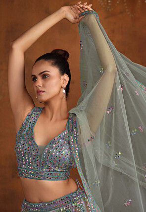 Embroidered Net Lehenga in Grey