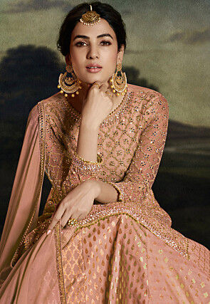 Embroidered Net Lehenga in Peach