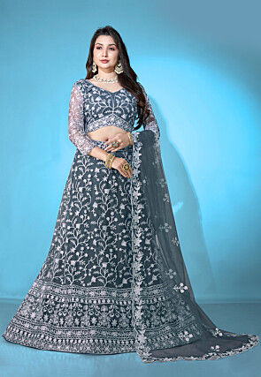 Embroidered Net Lehenga in Grey