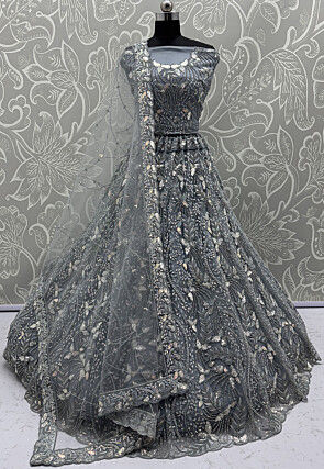 Embroidered Net Lehenga in Grey