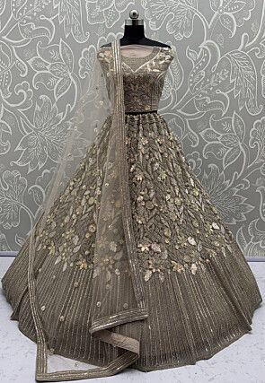 Embroidered Net Lehenga in Grey