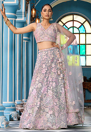 Embroidered Net Lehenga in Grey