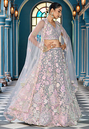 Embroidered Net Lehenga in Grey