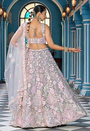 Embroidered Net Lehenga in Grey